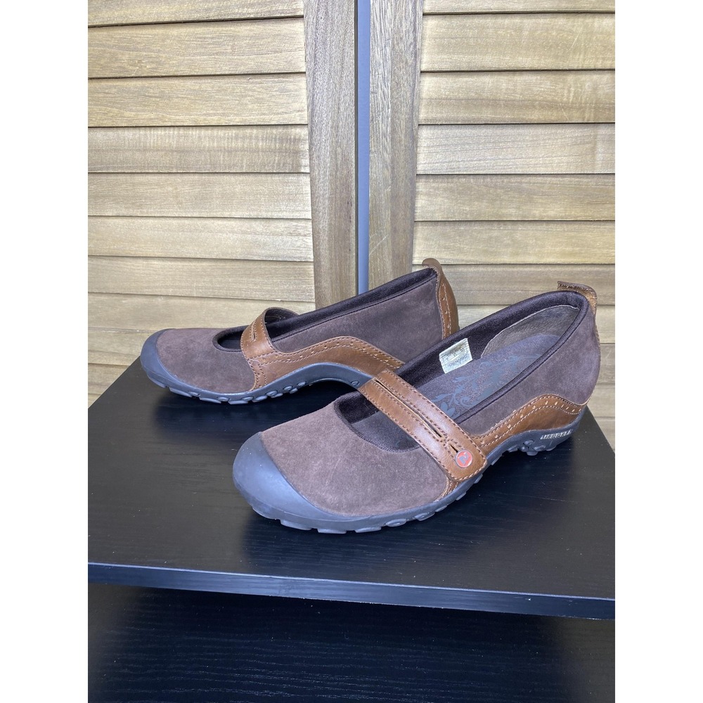 Merrell Mary Jane Shoes Womens Size 9 Brown Suede Leather Strap Toe Cap Comfort
